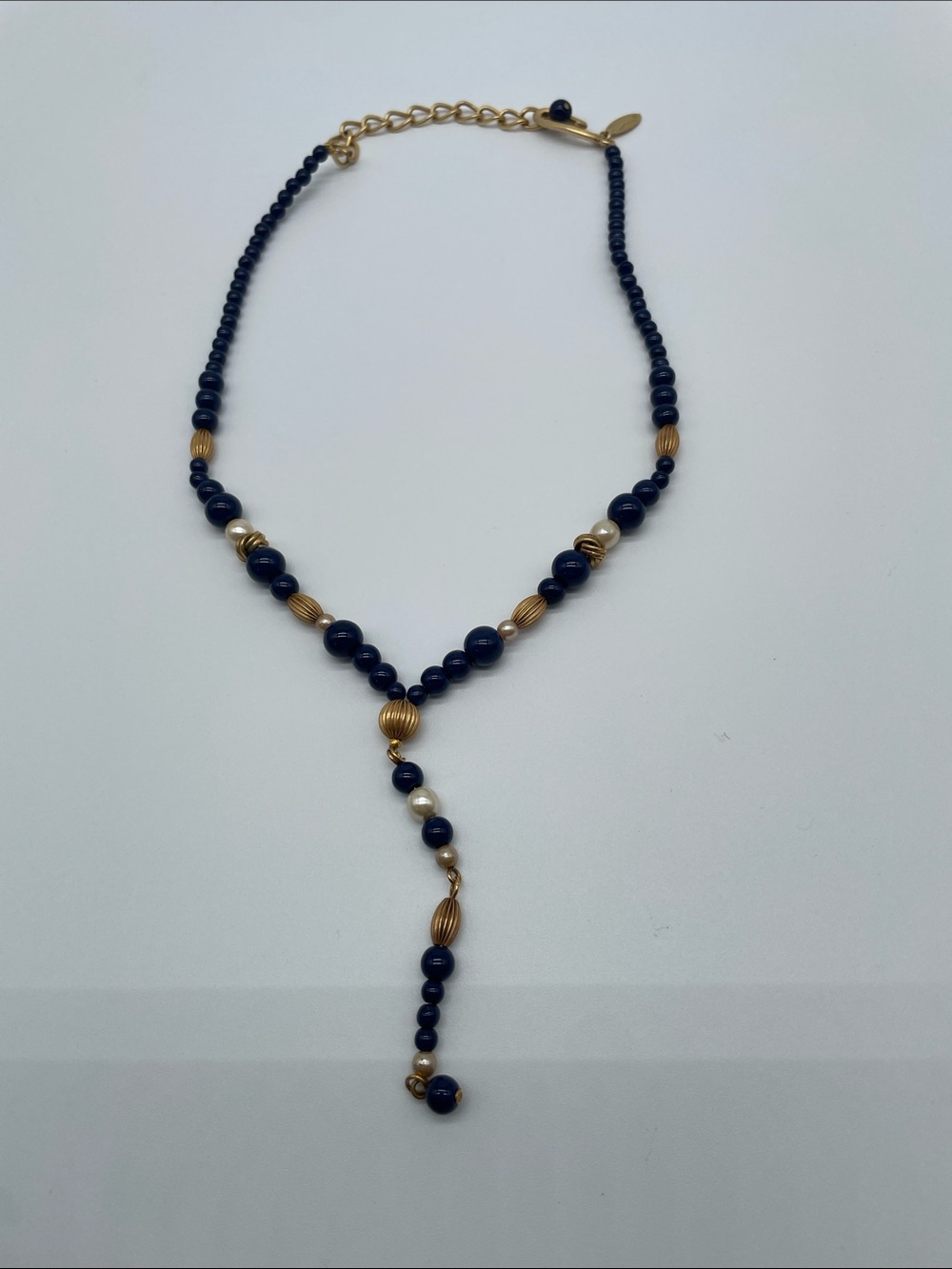 Oscar de la Renta Navy and Gold Beaded Y Necklace